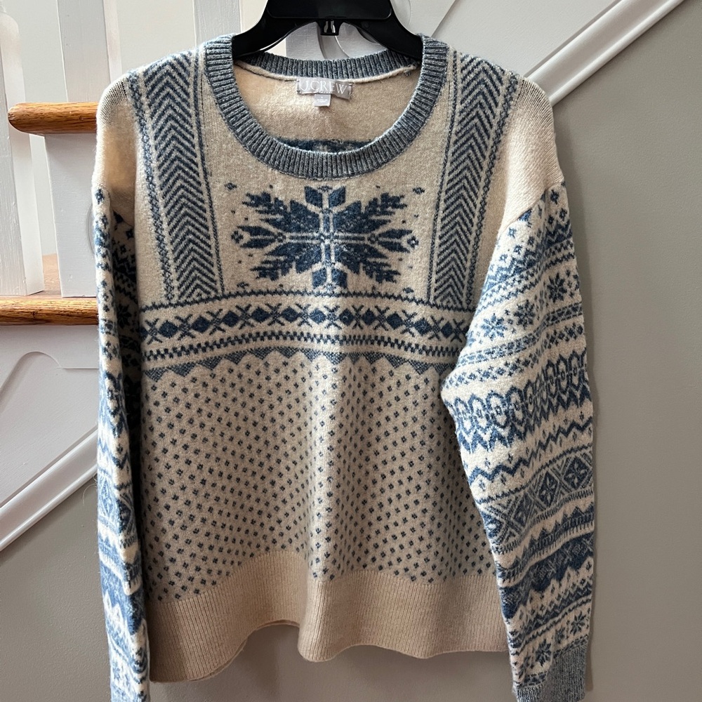 J Crew Blue and Cream Fair Isle Snowflake Sweater in Supersoft Yarn